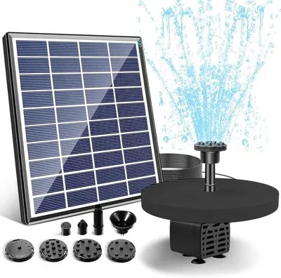 Produktbild von Solarbrunnen mit 5 W Solarpanel, eingebautem 1500 mAh Akku, schwimmender Brunnenpumpe, mit 6 Brunnenstilen, für den Außenbereich, Vogelbad, Fischbecken, Garten