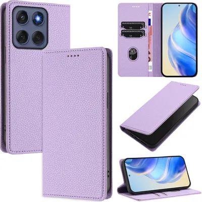 Obrázek produktu pro Kožené pouzdro pro Motorola Edge 60 Fusion, Litschi kůže, peněženkové pouzdro s přihrádkami na karty a stojánkem Fialový