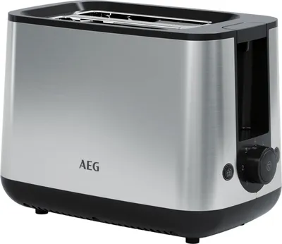 A studio shot of a silver and black AEG toaster on a white background.
