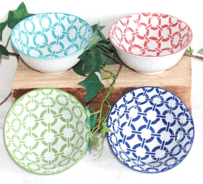 Produktbild von 52 Japan Reis- Teeschale 4 er Set, Retro Design Kreise Muster