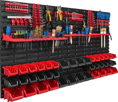 Produktbild von Lagersystem Werkstattregal | 156 x 78 cm | 40 stck. Box | Wandregal mit Werkzeughalterungen und Stapelboxen - Wandplatten Extra Starke Schüttenregal Warkzeuglochwand Lagerregal Garage Regal