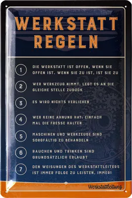 Produktbild von Retro Blechschild Werkstatt Schild - lustige Werkstattregeln für Männer mit den 7 wichtigsten Regeln für die Werkstatt - KFZ Mechaniker