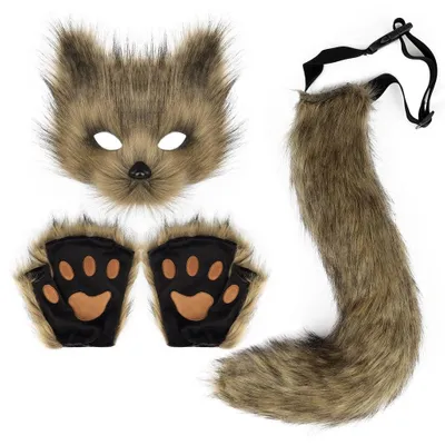 Immagine prodotto di Omgoods - Costume di Halloween - Coda di volpe soffice - Mezza maschera - Guanti in peluche - Set per cosplay - Finta pelliccia di alta qualità