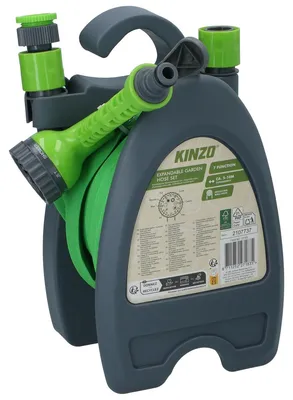 Produktbild von Kinzo Flexibler Gartenschlauch 10M – Gartenschläuche inkl. Aufsatz und Wandhalterung – Gartenschlauch mit Sprühkopf mit 7 Sprühfunktionen – Kunststoff – Grün/Grau