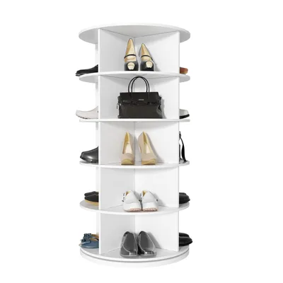 A white rotating shoe rack filled with various shoes and one handbag.