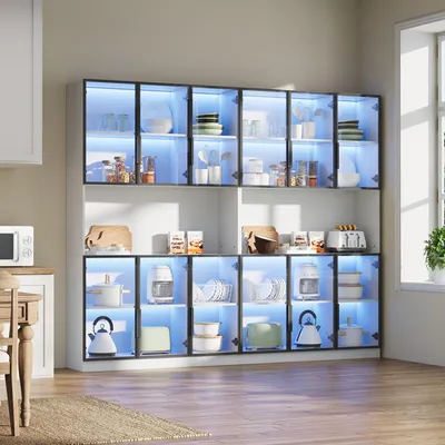 Immagine prodotto di Vetrina okwish, vetrina da salotto con illuminazione a LED, mobile contenitore, con 12 ante in vetro trasparente, mobile alto, mobile multifunzionale con vano aperto, bianco