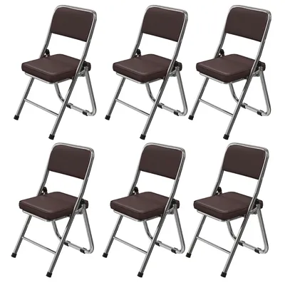 Six brown folding chairs with silver metal frames are arranged in two rows of three on a white background.