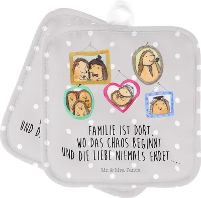 Produktbild von Mr. & Mrs. Panda Topflappen Igel Familie - Grau Pastell - Geschenk, Glück, Set, Bilder, topfhalter, Liebe, Topfuntersetzer, Ofenlappen, Muttertag, Topflappenset
