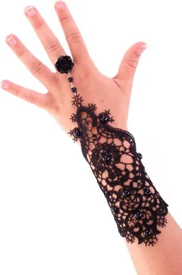 Produktbild von Krautwear® Damen EIN Handschuh Brauthandschuh Spitze Schwarz Fingerlos Mit Häkelspitze Perlen Ring