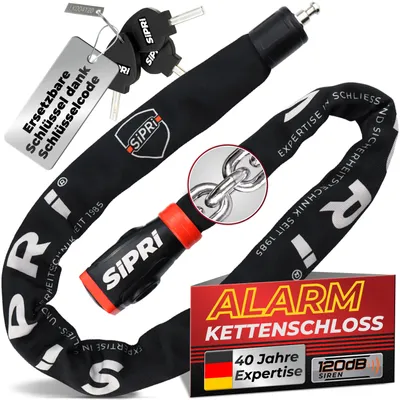 Produktbild von SIPRI® Fahrradschloss mit Alarm 120 dB | Gehärtetes Kettenschloss für E-Bike | E-Scooter & Motorrad | 8 mm Stahl | 120 cm | wetterfest | 3 Schlüssel