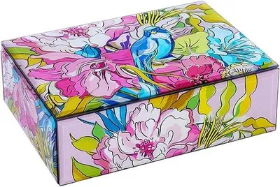 Produktbild von Glas Schmuck Box - Aufbewahrung Box Schmuck - Schmuck Organisieren - Hand bemalt Muster - 18 x 13 x 5,5 cm - Vogel