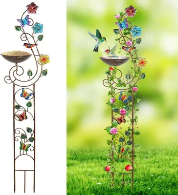 Productafbeelding van Vogelbad met klimrek - Decoratief tuinornament - Planten Steunen - 3-in-1 Ontwerp - 144 cm Hoog - Zwart