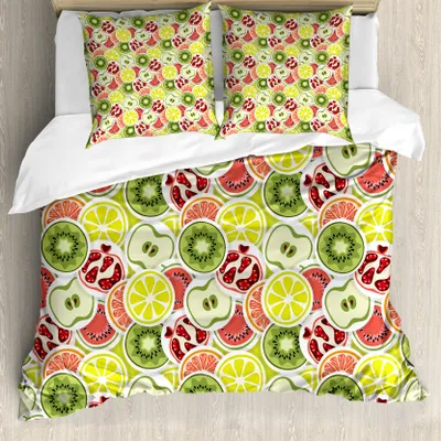 Produktbild von ABAKUHAUS Obst Bettbezug Set für Einzelbetten, Moderne Bio-Lebensmittel Runden, Milbensicher Allergiker geeignet mit Kissenbezug, 200 cm x 200 cm - 80 x 80 cm, Mehrfarbig