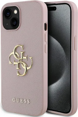 Produktbild von Guess PolyurethanGrained 4G Metal Logo Hülle für iPhone 15 Pink Schutzhülle