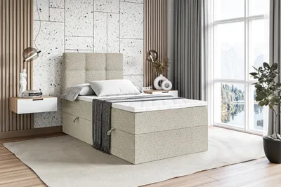 A bedroom scene featuring a bed, nightstand, and window.