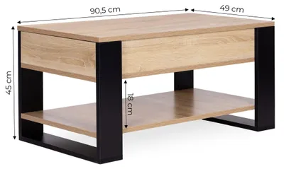 Zdjęcie produktu dla Stolik kawowy z podnoszonym blatem i schowkiem, 90 cm, dąb Sonoma