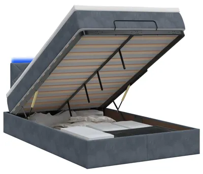 Image de Banc coffre avec matelas et éclairage LED, gris foncé, 120 x 190 cm, revêtement en velours