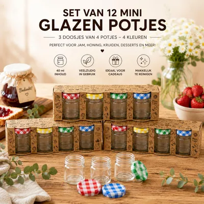 Productafbeelding van Mini Glazen Potjes Set van 12 – 40 ml – 4 x 4 x 5 cm – Kleine Jampotjes met Geruite Deksels – 3 Pakjes van 4 Stuks, AI-gegenereerde afbeelding