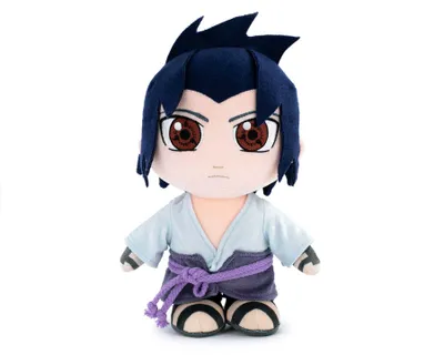 A plush toy of the anime character Sasuke Uchiha from Naruto Shippuden, shown from the front against a white background.