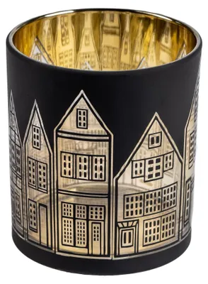 Produktbild von SANDRA RICH Teelichtlgas "Häuserzeile" Windlicht 10cm SCHWARZ / GOLD