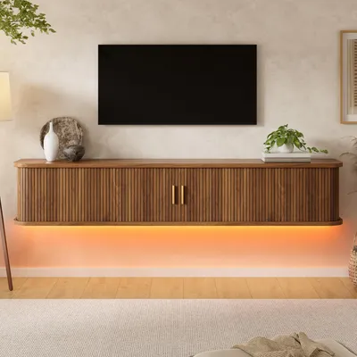Productafbeelding van Merax wandmeubel voor de televisie met LED-verlichting, zwevend TV-meubel met schuifdeuren en gouden metalen handgrepen, TV-kast met grofkorrelige textuur, gemaakt van MDF en afgewerkt in walnoot