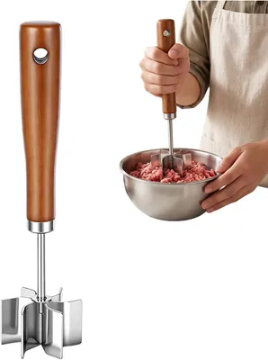 Produktbild von Fleischzerkleinerer aus Edelstahl, 6 gekrümmte Klingen, Holzgriff, handbetrieben, für Küche