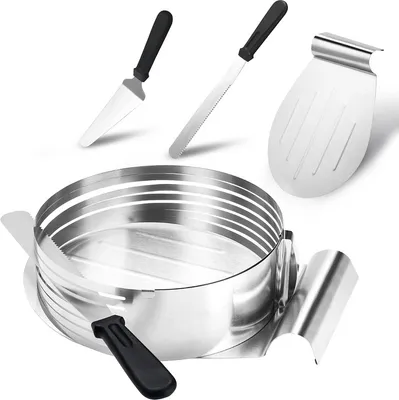 Produktbild von SWANEW Torten Set Tortenboden 4tlg aus Edelstahl - Tortenheber Tortenschneider Schneidhilfe - Kuchen Boden Heber Messer Tortenring 23-30cm