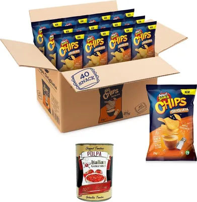 Produktbild von Aperisnack Patatine Grigliate Monoporzione Grilled Chips Einzelportion 25g Karton mit 40 Stück + Italian Gourmet polpa 400g