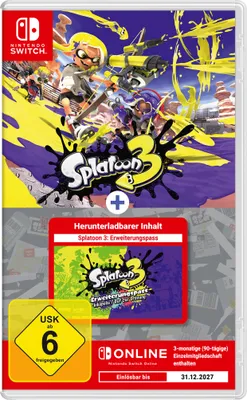 The image shows the packaging of the Nintendo Switch game Splatoon 3, including a digital code for an expansion pass and a Nintendo Switch Online subscription.