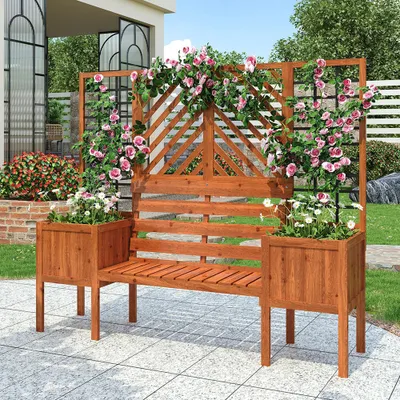 Produktbild von Sweiko Pflanzkübel,Pflanzgefäß mit Spalier als Rankhilfe,Blumenkübel mit Spalier und Sitz,Braun