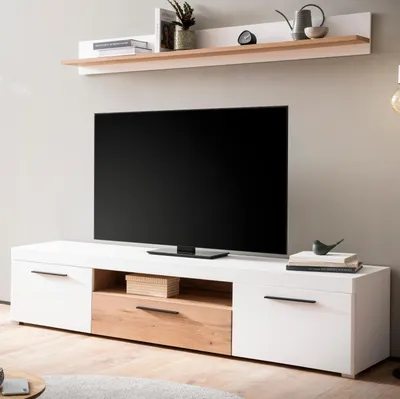 Produktbild von TV-Lowboard und Wandboard "Lavell" in weiß matt und Evoke Eiche Wohnkombination 2-teilig, Soft-Close-Funktion und inklusive Beleuchtung