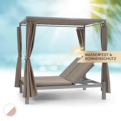 Produktbild von Blumfeldt Doppelliege Outdoor für 2 Personen mit Dach, Doppel-Sonnenliege, Doppel Garten Liege Bett für Erwachsene & Kinder, Gartenbett mit Verstellbarer Rückenlehne, Outdoor-Sonnenbett mit Dach