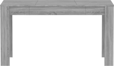 A front view of a gray wooden dining table against a white background.