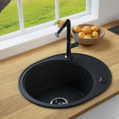 Produktbild von MIT ARMATUR - Rein Schwarz LINDBERGH® Antibakterielle Granit Spüle "OVA44" + "1-Deco" Einbauspüle Küchenspüle Spülbecken