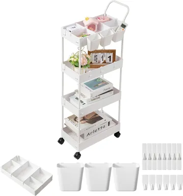 Schmale Rollkarre, 4 Etagen, weiß, 22 cm breit, mit Haken & Bechern