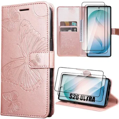 Image de Coque + 2 Verres Trempés pour Samsung Galaxy S26 Ultra, Antichoc Cuir Synthétique Rose Motif Papillon