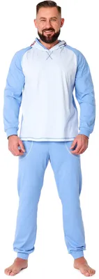 Produktbild von Ladeheid Herren Schlafanzug Zweiteiler aus Baumwolle Langarm Tierkostüm bunt Tiermotiv Verkleidung mit Kapuze LA40-239 (Blau Hai, L)