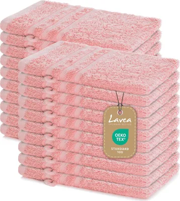 Produktbild von Lavea® 20er Waschhandschuh Set Elena, 100% Baumwolle Frottee, Waschlappen saugstark & weich, für Körper und Gesicht, 60 °C, trocknergeeignet, Pastellrosa, 15 x 21 cm