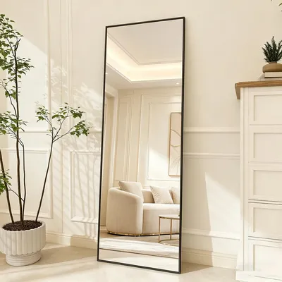 Productafbeelding van INONEFT Staande spiegel 177x77 cm, Volledige spiegel, zwart, minimalistische aluminium frame, kan vrijstaand of aan de muur worden geplaatst. Muurspiegel, groot, zwart