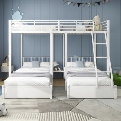 Produktbild von MODFU Etagenbett Kinderbett 90x200cm/ 140x200cm(Dreifaches bett), Hochbett Metallbett mit Rausfallschutz(umwandelbar in 140 x 200 Doppelbett und zwei 90 x 200 Einzelbetten), Stockbett Jugendbett Bettgestell, Weiß