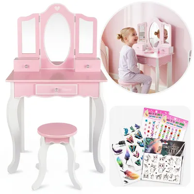 Produktbild von Kinder Schminktisch Holz Rosa mit Hocker & 3-teiligem Spiegel – Frisiertisch für Mädchen ab 3 Jahren, 3 Schubladen, inkl. Sticker & Tattoos, 60 x 39 x
