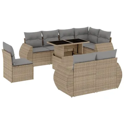 Produktbild von vidaXL 9-tlg. Garten-Sofagarnitur mit Kissen Beige Poly Rattan