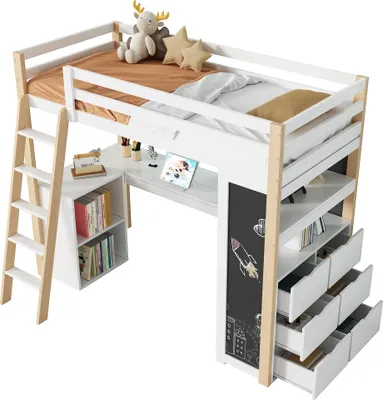 Immagine prodotto di Letto a castello per bambini, letto multifunzionale per bambini, con scaletta, scrivania, ripiano, cassetto capiente, lavagna, scaffale, bianco + naturale, 90×200 cm,