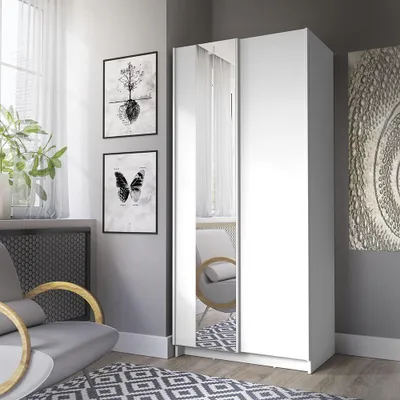Produktbild von Schlafzimmer Kleiderschrank 80 cm breit in Weiß matt mit 2 Schwebetüren, 2 Kleiderstangen & Spiegel - SIVIANO-166