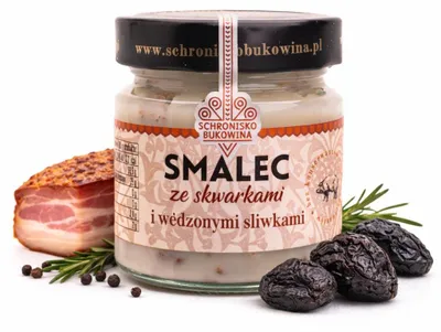 Zdjęcie produktu dla Smalec z boczkiem i śliwkami wędzonymi 180g - Schronisko Bukowina