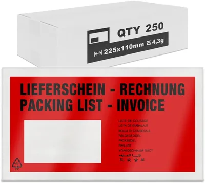 Productafbeelding van Rode zelfklevende documententassen DL 22,5 x 11 cm, 250 stuks
