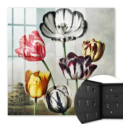 Produktbild von Metall Schlüsselkasten 30 x 30 cm - schwarzer Schlüsselschrank zur Wandmontage - wandhängende Schlüsselbox mit Tür - nach links öffnend - Schlüsselaufbewahrung für Flur - Büro - Arbeitszimmer - Werkstatt - Garage - Retro-Tulpen