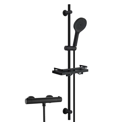 Produktbild von JOHO Edelstahl Duschsystem mit Duscharmatur, Brausestange Set mit Thermostat, Handbrause, Schlauch, Duschstange 100 cm mit Duschablage, Schwarz