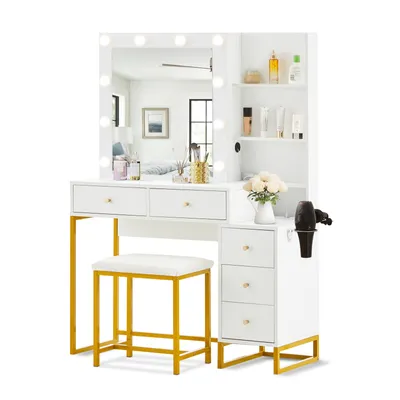 Image de Coiffeuse CLIPOP,Ensemble de coiffeuse, 5 tiroirs, étagère cachée, avec support pour sèche-cheveux, LED incluses