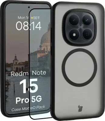 Produktbild von Schutzhülle mit Magnetring + gehärtetem Glas Bizon MatteO Pack für Xiaomi Redmi Note 15 Pro 5G, Getönt-Schwarz